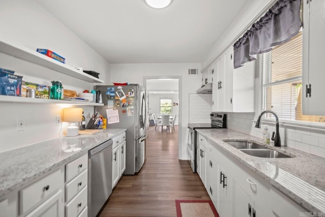 38 Lefever Ln, Little Rock, AR 72227 - kitchen with stainless steel appliances, a sink, white cabinets, backsplash, and dark wood-style floors