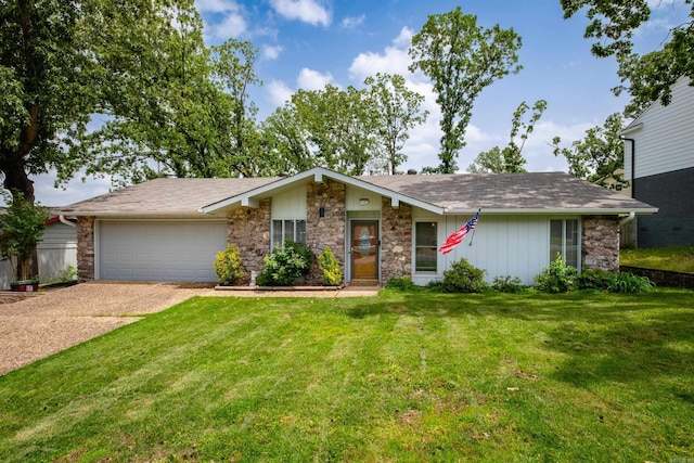 1117 Wild Turkey Ct, Little Rock, AR 72211 - mid-century home featuring a garage, driveway, a front yard, and stone siding