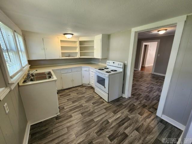 3716 Marion St, North Little Rock, AR 72118 - kitchen featuring white electric stove, open shelves, dark wood finished floors, a sink, and white cabinets