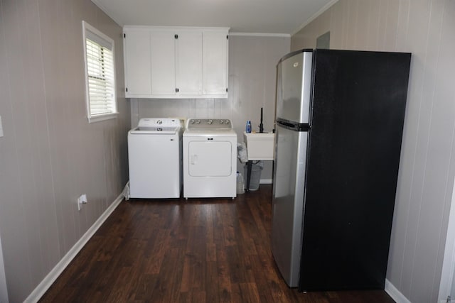 8 Tina Cir, Searcy, AR 72143 - laundry area with cabinet space, washer and dryer, dark wood-style flooring, baseboards, and ornamental molding