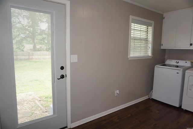 8 Tina Cir, Searcy, AR 72143 - washroom with cabinet space, independent washer and dryer, dark wood-style floors, baseboards, and crown molding