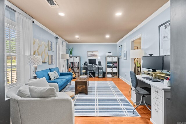 3016 Cleburne Pl, North Little Rock, AR 72116 - office area featuring ornamental molding, light wood-style flooring, recessed lighting, and baseboards