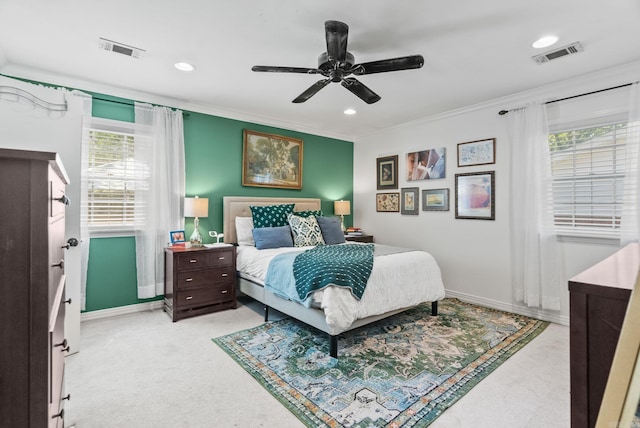 3016 Cleburne Pl, North Little Rock, AR 72116 - bedroom with light colored carpet, baseboards, ornamental molding, recessed lighting, and a ceiling fan