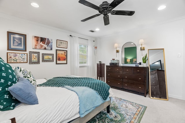 3016 Cleburne Pl, North Little Rock, AR 72116 - bedroom with ornamental molding, light carpet, recessed lighting, a ceiling fan, and baseboards