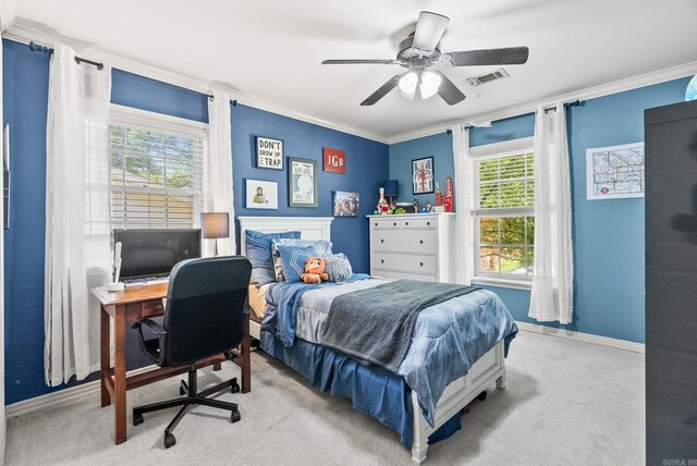 3016 Cleburne Pl, North Little Rock, AR 72116 - bedroom with carpet floors, baseboards, crown molding, and a ceiling fan