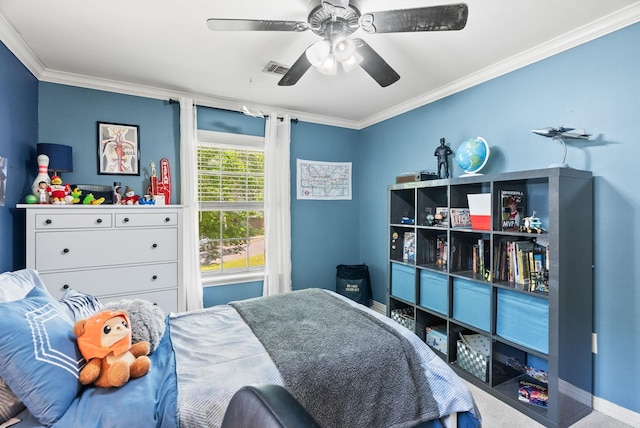 3016 Cleburne Pl, North Little Rock, AR 72116 - carpeted bedroom featuring ornamental molding, a ceiling fan, and baseboards
