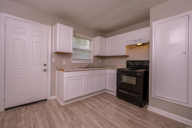 1318-1320 S Summit St, Little Rock, AR 72202 - kitchen featuring black electric range, under cabinet range hood, white cabinetry, a sink, and light wood-type flooring