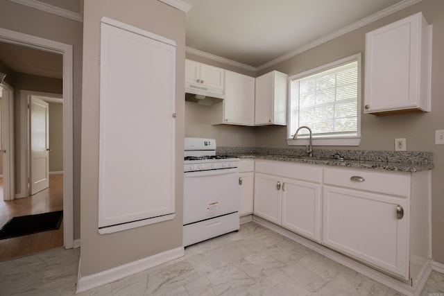 1318-1320 S Summit St, Little Rock, AR 72202 - kitchen featuring white range with gas cooktop, light marble finish flooring, under cabinet range hood, light stone counters, and ornamental molding