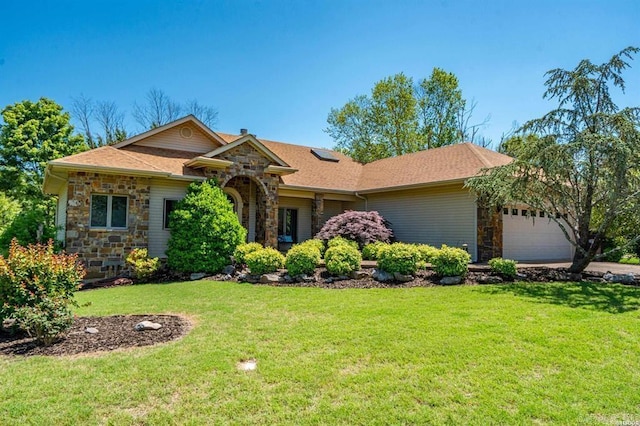 3 Pacifica Way, Hot Springs Village, AR 71909 - ranch-style home featuring stone siding, a front yard, a garage, and roof with shingles