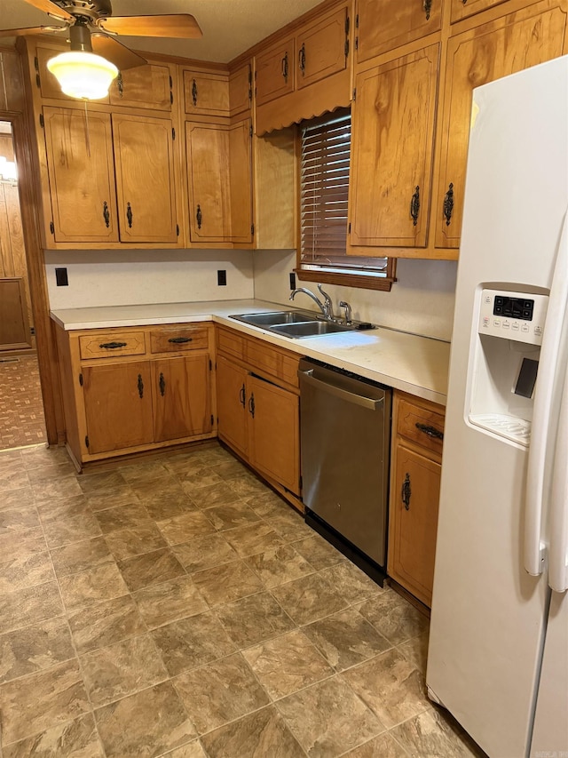 514 S Sawmill Rd, Searcy, AR 72143 - kitchen featuring dishwasher, white refrigerator with ice dispenser, a sink, light countertops, and a ceiling fan