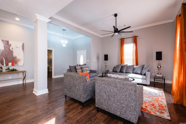 1608 S Cross St, Little Rock, AR 72206 - living room with dark wood-style flooring, decorative columns, a ceiling fan, baseboards, and ornamental molding