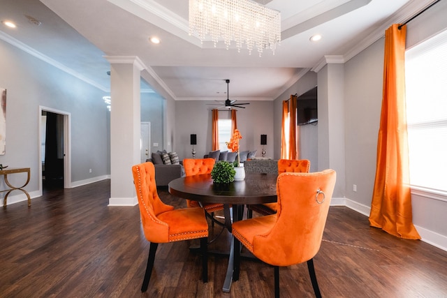1608 S Cross St, Little Rock, AR 72206 - dining space featuring ornamental molding, dark wood-style floors, baseboards, a chandelier, and plenty of natural light