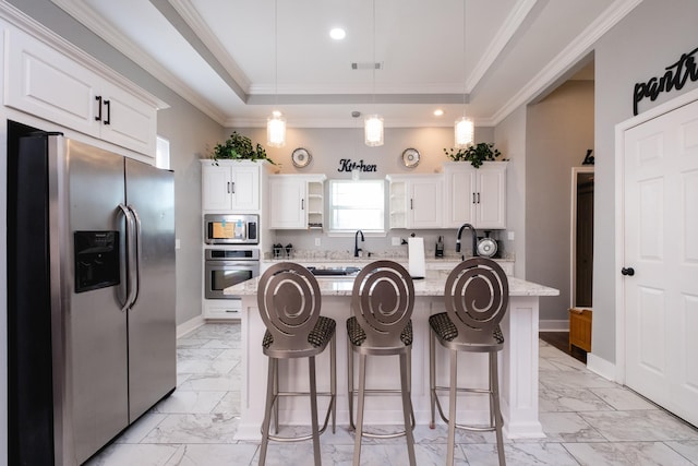 1608 S Cross St, Little Rock, AR 72206 - kitchen featuring stainless steel appliances, light marble finish flooring, a raised ceiling, white cabinets, and crown molding