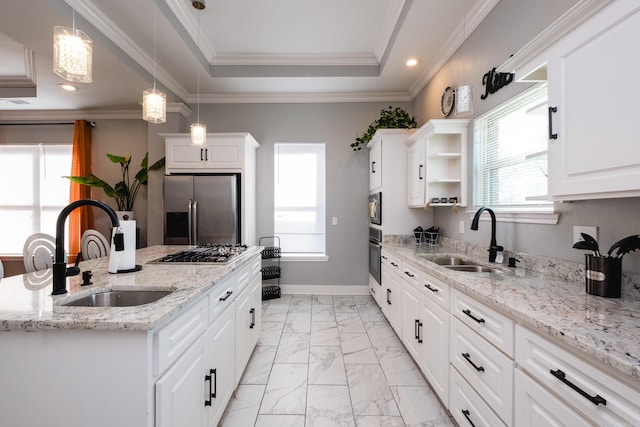 1608 S Cross St, Little Rock, AR 72206 - kitchen featuring stainless steel appliances, a sink, light marble finish floors, a raised ceiling, and recessed lighting