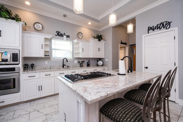 1608 S Cross St, Little Rock, AR 72206 - kitchen featuring appliances with stainless steel finishes, light marble finish flooring, a sink, open shelves, and recessed lighting