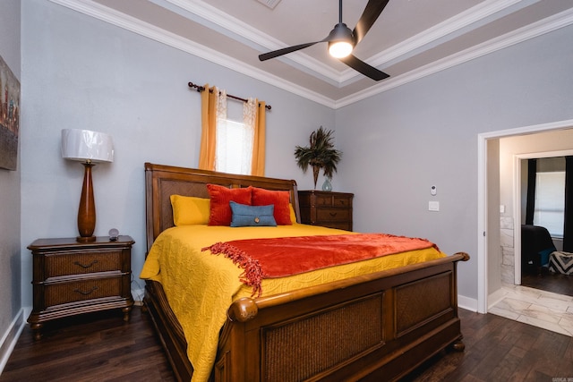 1608 S Cross St, Little Rock, AR 72206 - bedroom featuring ornamental molding, dark wood-style floors, a ceiling fan, and baseboards