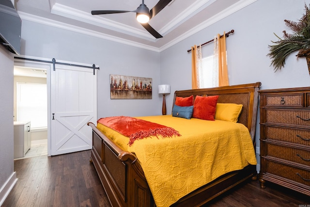 1608 S Cross St, Little Rock, AR 72206 - bedroom featuring wood-type flooring, ornamental molding, a tray ceiling, a barn door, and ceiling fan