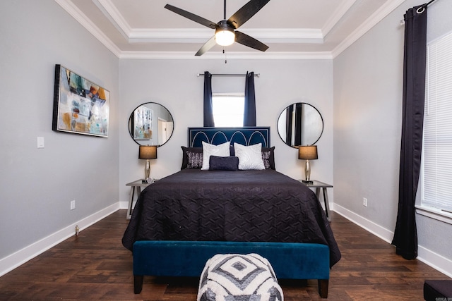 1608 S Cross St, Little Rock, AR 72206 - bedroom featuring a raised ceiling, crown molding, wood finished floors, baseboards, and a ceiling fan
