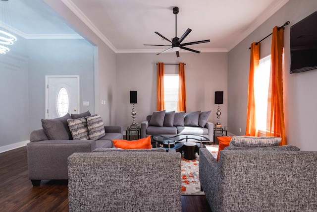 1608 S Cross St, Little Rock, AR 72206 - living room featuring dark wood finished floors, ornamental molding, a ceiling fan, and baseboards