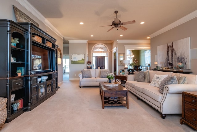 5718 Mediterranean Blvd, Benton, AR 72019 - living area with ornamental molding, carpet, recessed lighting, ceiling fan, and a chandelier