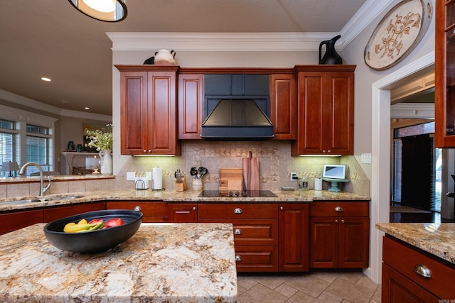 5718 Mediterranean Blvd, Benton, AR 72019 - kitchen featuring a sink, decorative backsplash, custom exhaust hood, crown molding, and light stone counters
