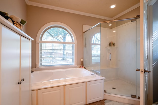 5718 Mediterranean Blvd, Benton, AR 72019 - full bath with crown molding, a shower stall, a garden tub, and recessed lighting
