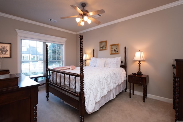 5718 Mediterranean Blvd, Benton, AR 72019 - bedroom with light colored carpet, ornamental molding, baseboards, and a ceiling fan