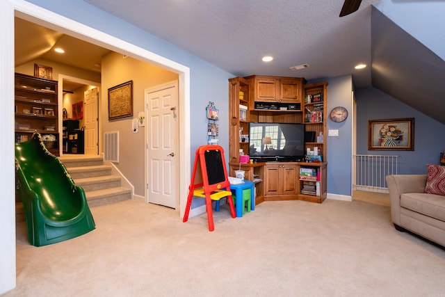 5718 Mediterranean Blvd, Benton, AR 72019 - playroom featuring recessed lighting, carpet, lofted ceiling, baseboards, and a ceiling fan