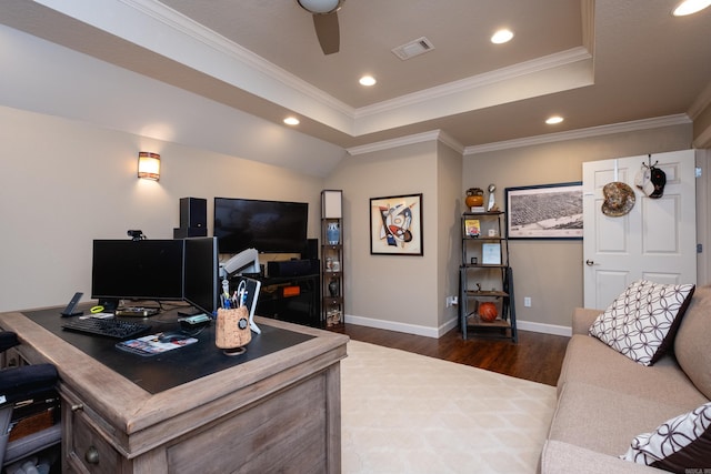 5718 Mediterranean Blvd, Benton, AR 72019 - office area featuring dark wood-type flooring, a raised ceiling, baseboards, recessed lighting, and ornamental molding