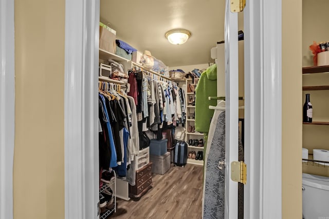walk in closet with wood finished floors