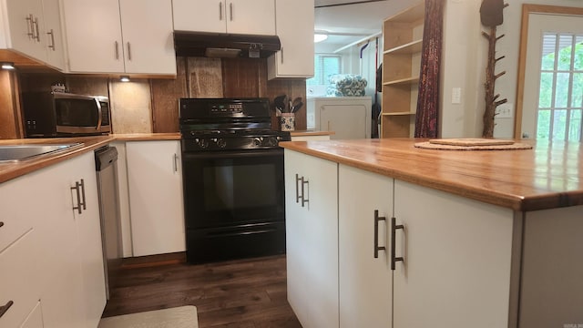 180 Herschel B Guinn Rd, Story, AR 71970 - kitchen with under cabinet range hood, gas stove, stainless steel microwave, dark wood-style flooring, and white cabinetry