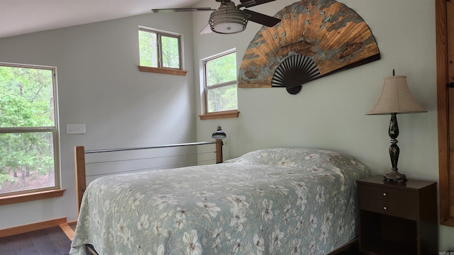 180 Herschel B Guinn Rd, Story, AR 71970 - bedroom featuring wood finished floors, vaulted ceiling, and ceiling fan