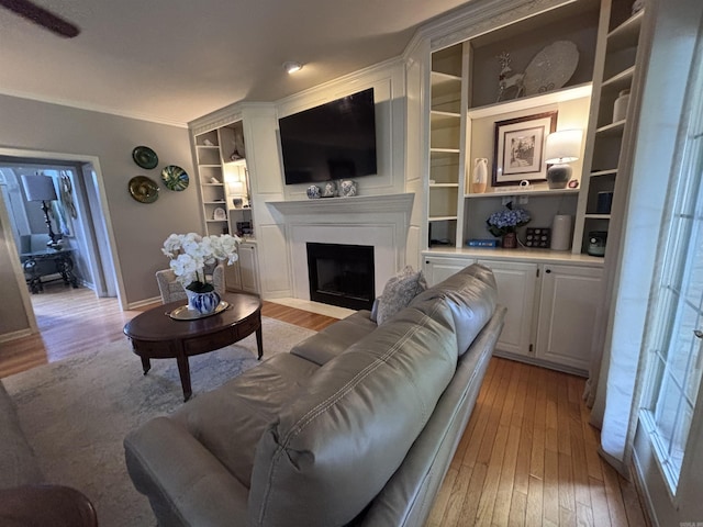 615 Miller Cv, Benton, AR 72019 - living room featuring a fireplace with flush hearth, light wood finished floors, and built in features