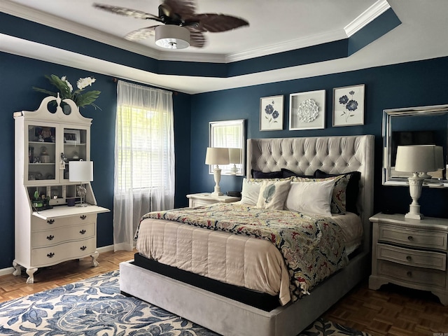 615 Miller Cv, Benton, AR 72019 - bedroom featuring crown molding, ceiling fan, baseboards, and a raised ceiling
