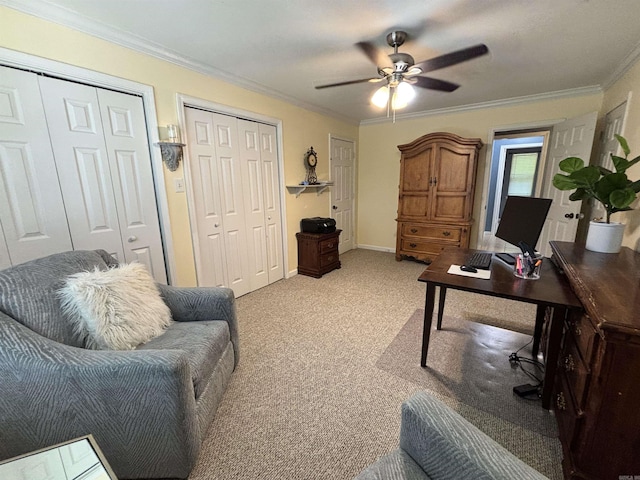 615 Miller Cv, Benton, AR 72019 - home office featuring ceiling fan, light carpet, ornamental molding, and baseboards