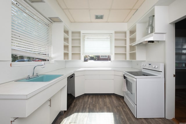 1224 S Fillmore St, Little Rock, AR 72204 - kitchen with open shelves, electric range, a sink, black dishwasher, and white cabinetry