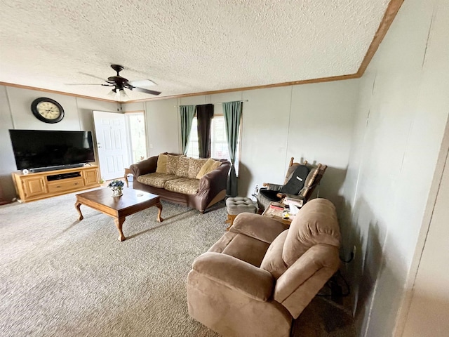 806 Autumnwood Rd, Ash Flat, AR 72513 - carpeted living area with crown molding, a textured ceiling, and ceiling fan