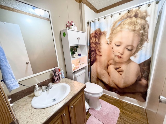 806 Autumnwood Rd, Ash Flat, AR 72513 - bathroom with ornamental molding, toilet, vanity, wood finished floors, and a shower with shower curtain