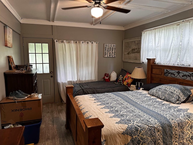 340 Griffin Rd, Hardy, AR 72542 - bedroom with wood finished floors, ornamental molding, beam ceiling, and ceiling fan
