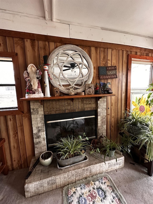 340 Griffin Rd, Hardy, AR 72542 - detailed view of a fireplace, wood walls, and carpet floors