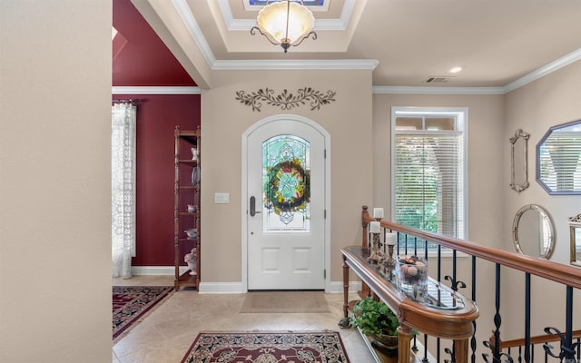 26 Pillar Ln, Hot Springs Village, AR 71909 - entrance foyer with crown molding, baseboards, tile patterned flooring, and recessed lighting