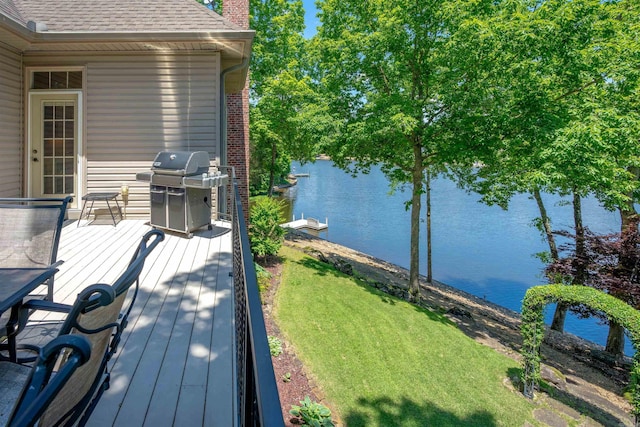 26 Pillar Ln, Hot Springs Village, AR 71909 - wooden terrace with a grill, a water view, and a lawn
