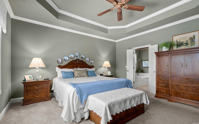26 Pillar Ln, Hot Springs Village, AR 71909 - bedroom with carpet floors, a raised ceiling, ensuite bathroom, ornamental molding, and baseboards