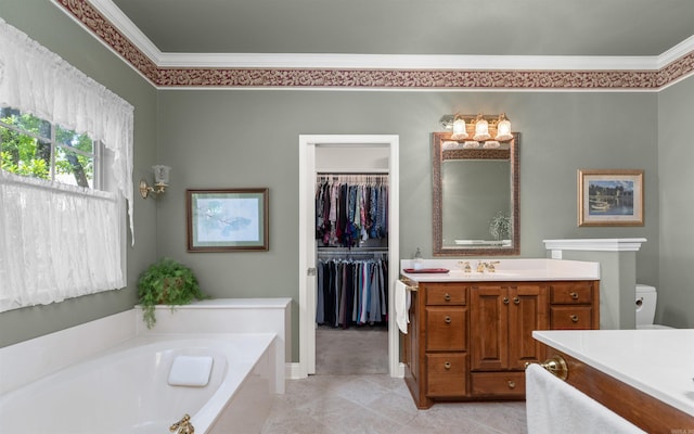 26 Pillar Ln, Hot Springs Village, AR 71909 - bathroom featuring crown molding, vanity, a bath, baseboards, and a walk in closet