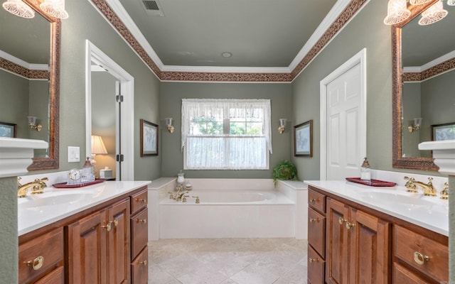 26 Pillar Ln, Hot Springs Village, AR 71909 - full bath featuring a garden tub, two vanities, ornamental molding, and tile patterned floors