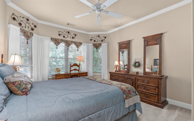 26 Pillar Ln, Hot Springs Village, AR 71909 - bedroom featuring light carpet, crown molding, baseboards, and a ceiling fan