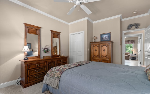26 Pillar Ln, Hot Springs Village, AR 71909 - bedroom featuring ornamental molding, light colored carpet, a closet, ceiling fan, and baseboards
