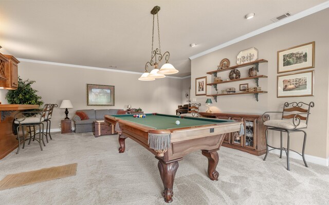 26 Pillar Ln, Hot Springs Village, AR 71909 - rec room with light colored carpet, ornamental molding, baseboards, and billiards table
