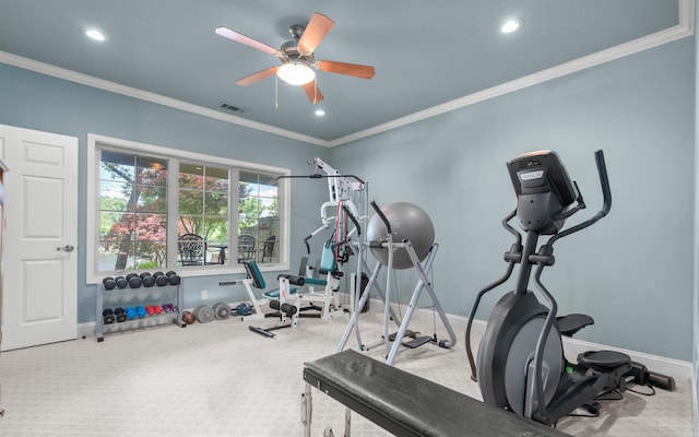 26 Pillar Ln, Hot Springs Village, AR 71909 - workout room with baseboards, ornamental molding, ceiling fan, carpet floors, and recessed lighting