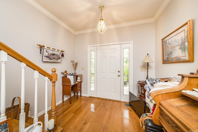 420 Shadow Ln, Clinton, AR 72031 - foyer featuring light wood-type flooring, stairs, crown molding, and baseboards